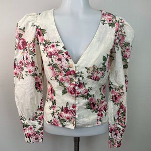 VICI Top Small Floral Cropped Blouse Puff Sleeve Button-Front V-Neck Ivory Pink